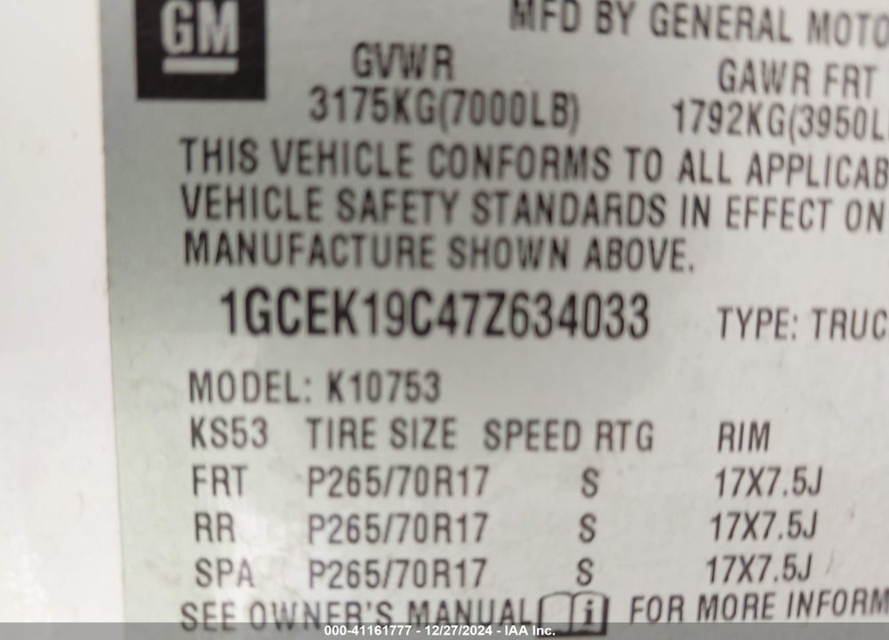 2007 CHEVROLET SILVERADO K1500 VIN: 1GCEK19C47Z634033