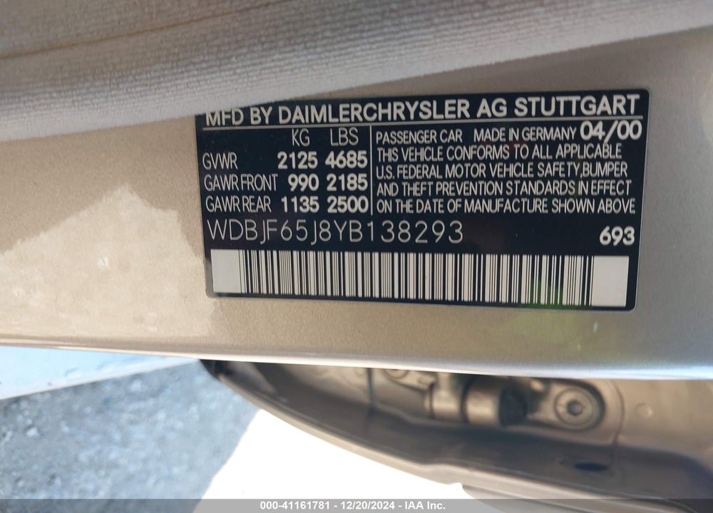 2000 MERCEDES-BENZ E 320 VIN: WDBJF65J8YB138293
