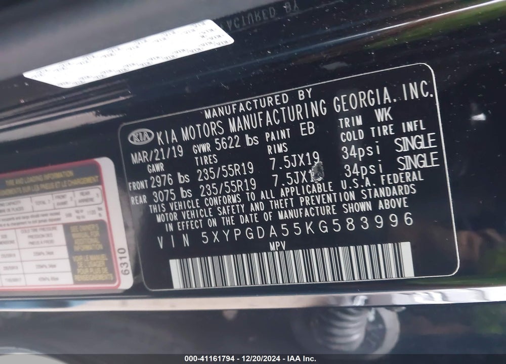2019 KIA SORENTO 3.3L S VIN: 5XYPGDA55KG583996