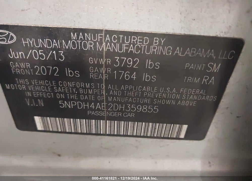 2013 HYUNDAI ELANTRA GLS VIN: 5NPDH4AE2DH359855