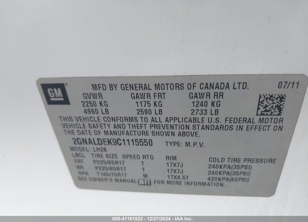 2012 CHEVROLET EQUINOX 1LT VIN: 2GNALDEK9C1115550