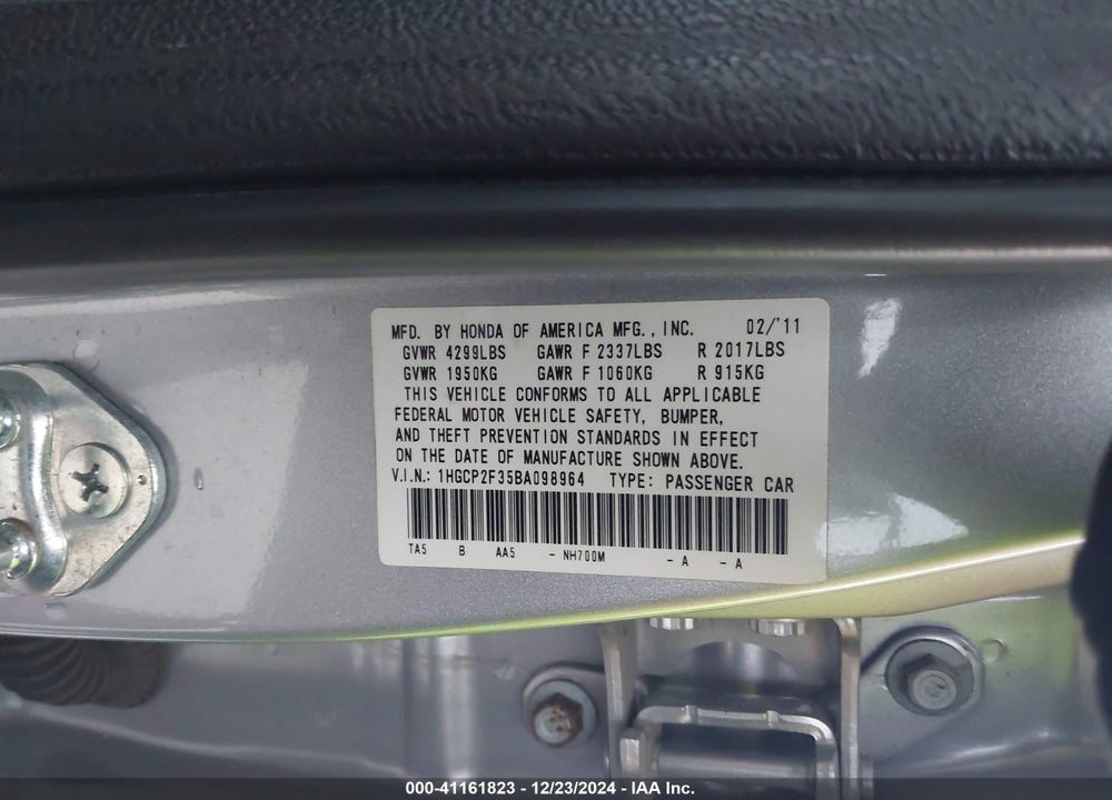 2011 HONDA ACCORD 2.4 LX VIN: 1HGCP2F35BA098964