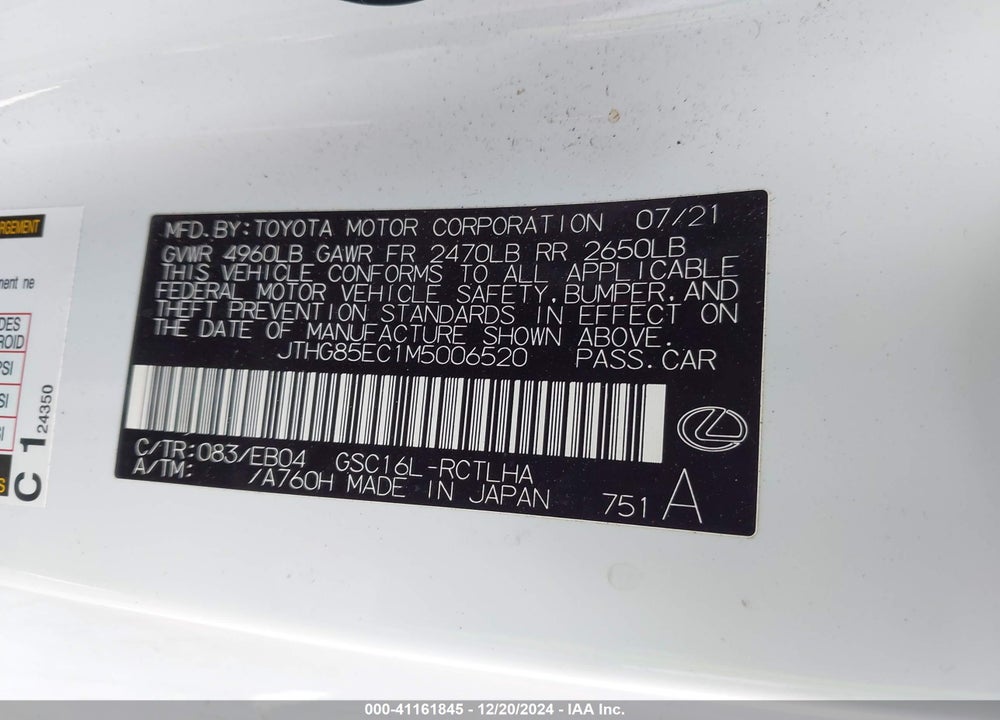 2021 LEXUS RC 300 F-SPORT VIN: JTHG85EC1M5006520