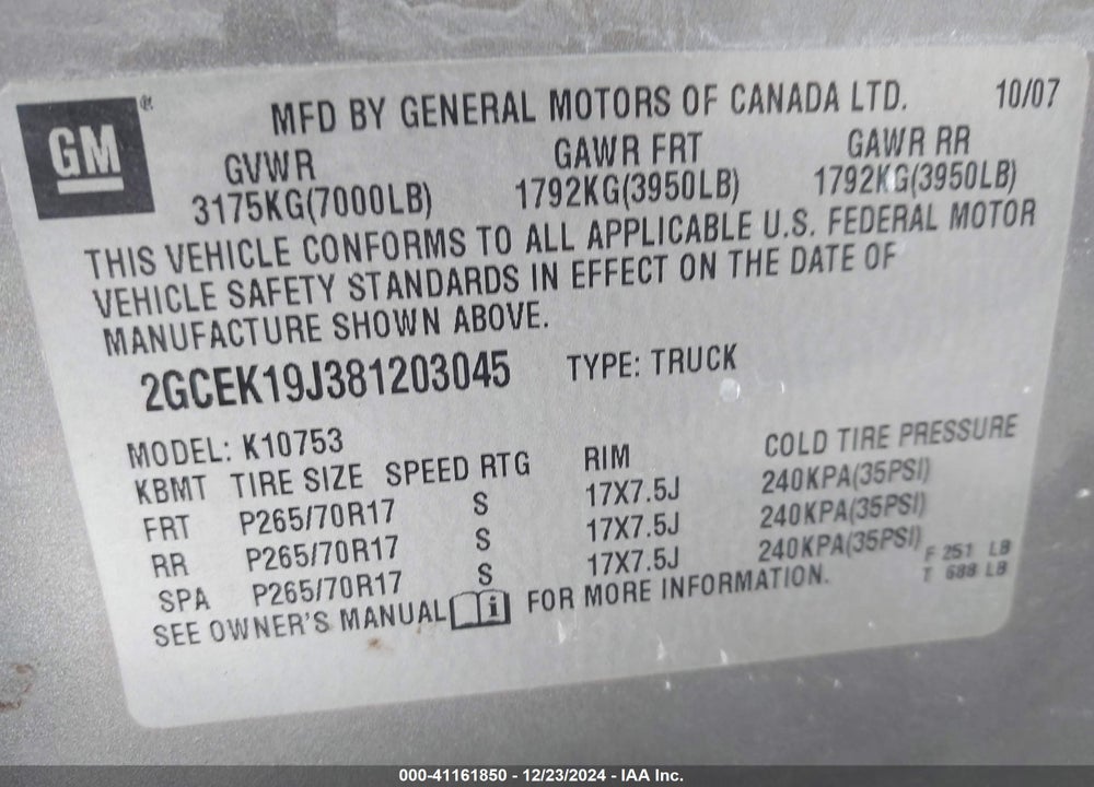 2008 CHEVROLET SILVERADO VIN: 2GCEK19J381203045