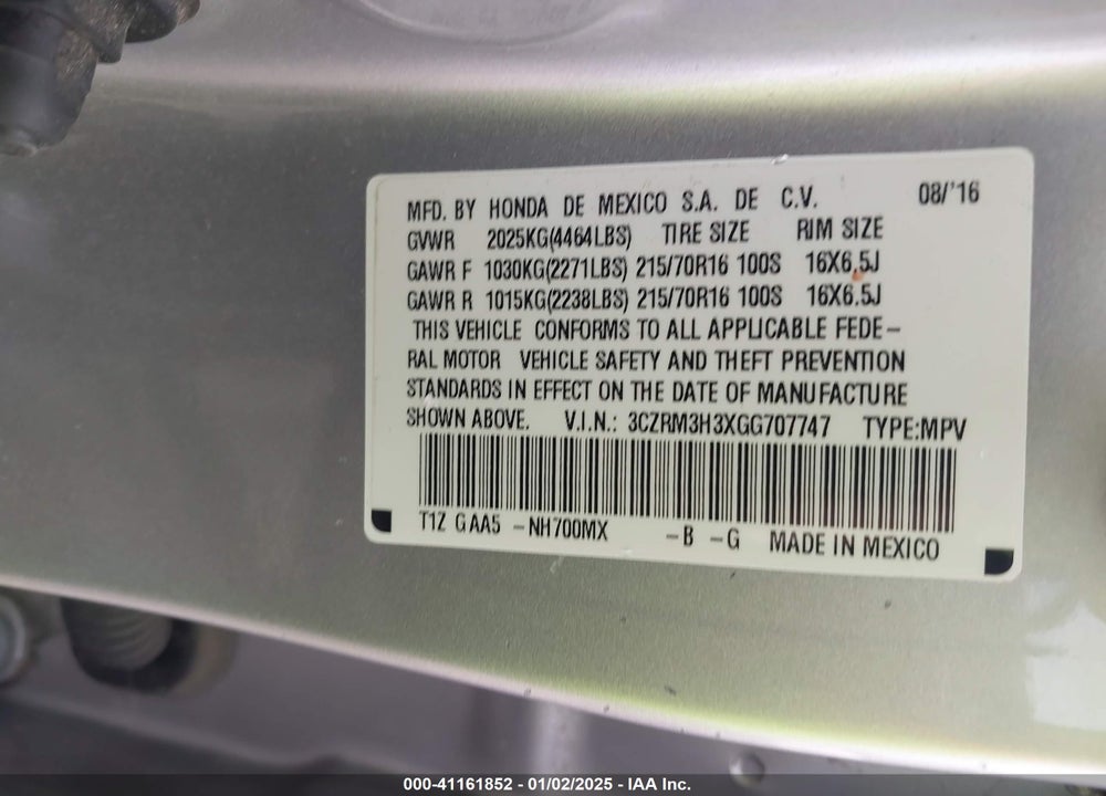2016 HONDA CR-V LX VIN: 3CZRM3H3XGG707747