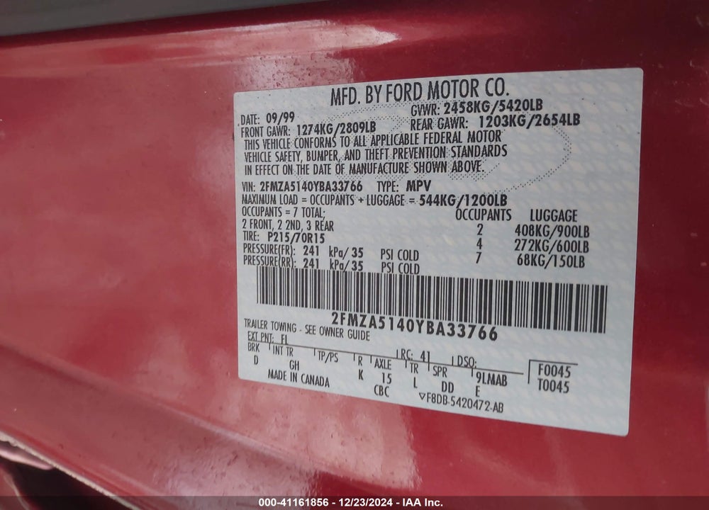 2000 FORD WINDSTAR LX VIN: 2FMZA5140YBA33766