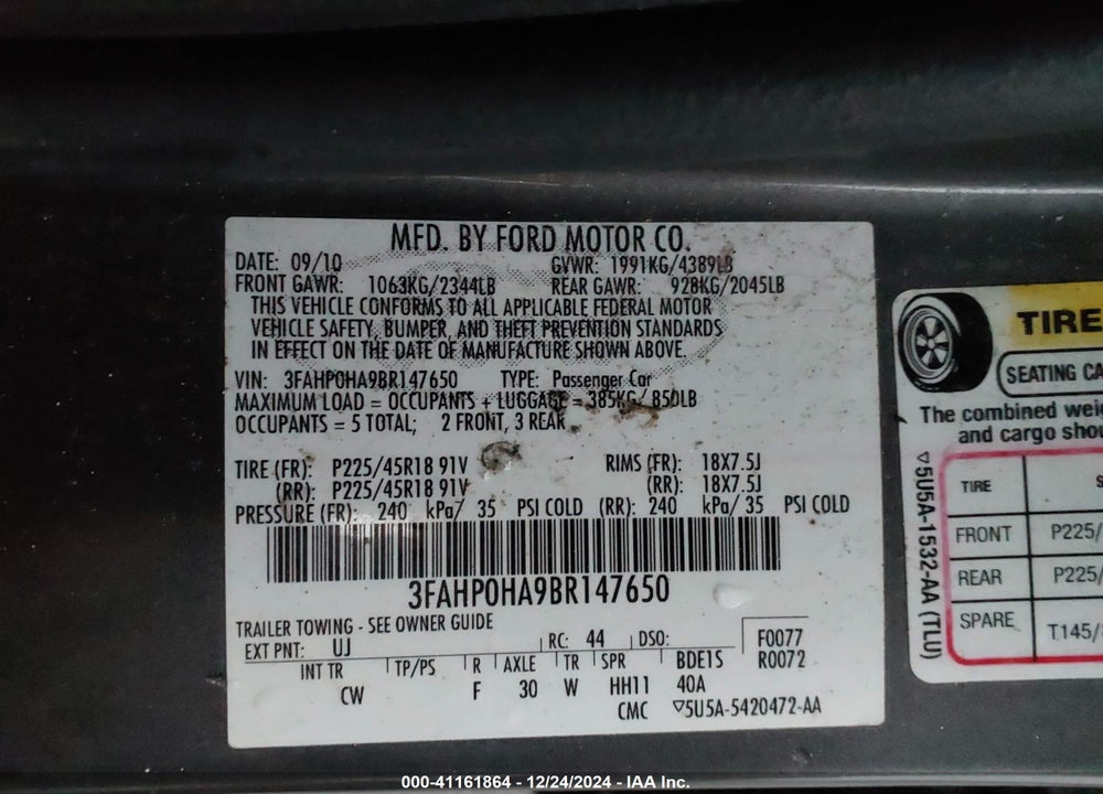 2011 FORD FUSION SE VIN: 3FAHP0HA9BR147650