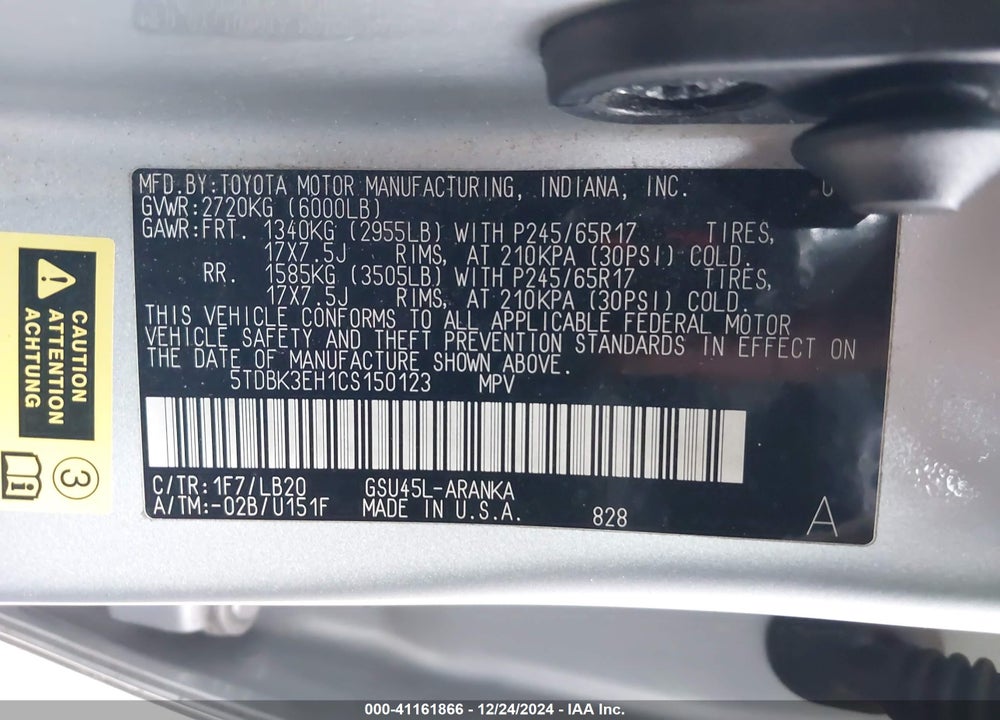 2012 TOYOTA HIGHLANDER SE V6 VIN: 5TDBK3EH1CS150123