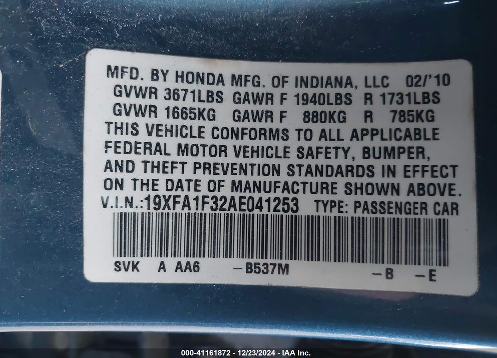 2010 HONDA CIVIC VIN: 19XFA1F32AE041253