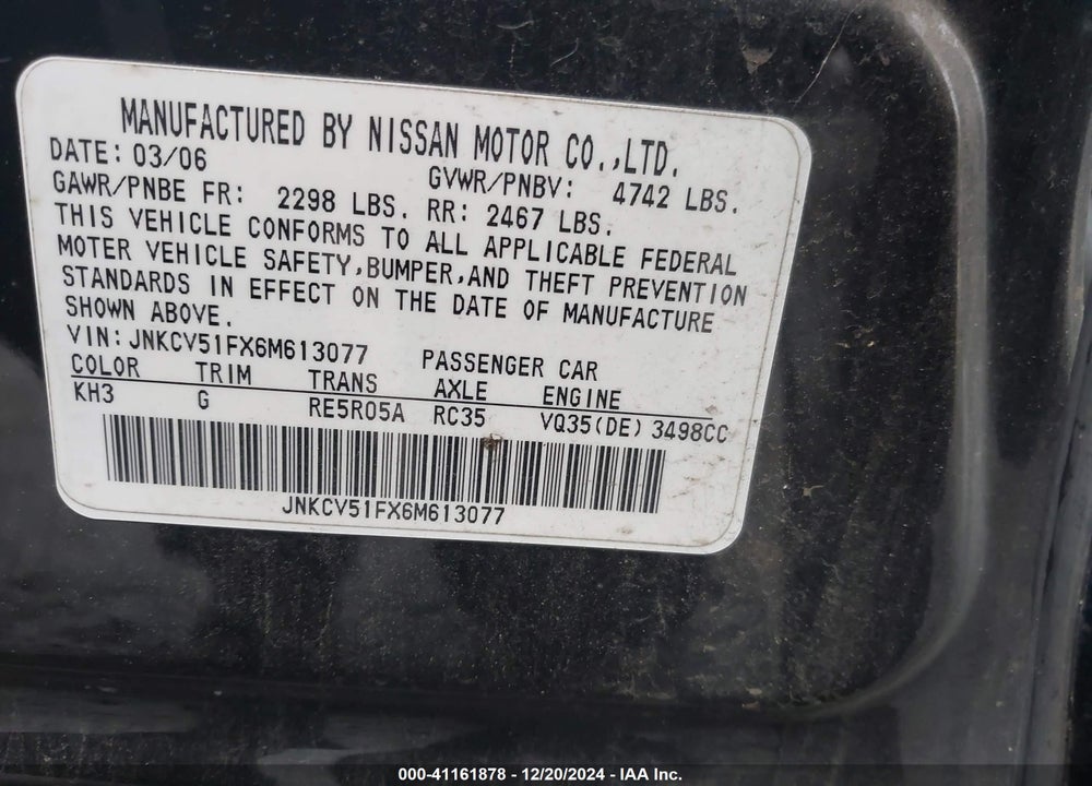 2006 INFINITI G35X VIN: JNKCV51FX6M613077