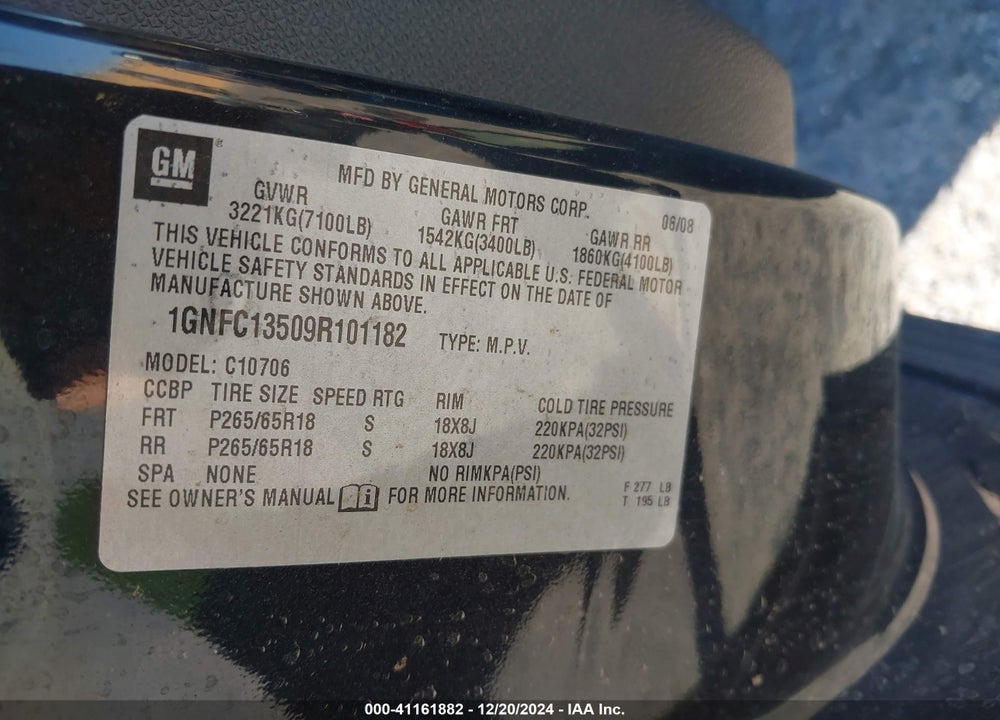 2009 CHEVROLET TAHOE HYBRID VIN: 1GNFC13509R101182