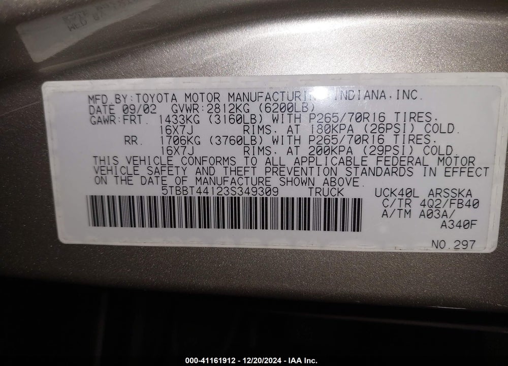 2003 TOYOTA TUNDRA SR5 V8 VIN: 5TBBT44123S349309