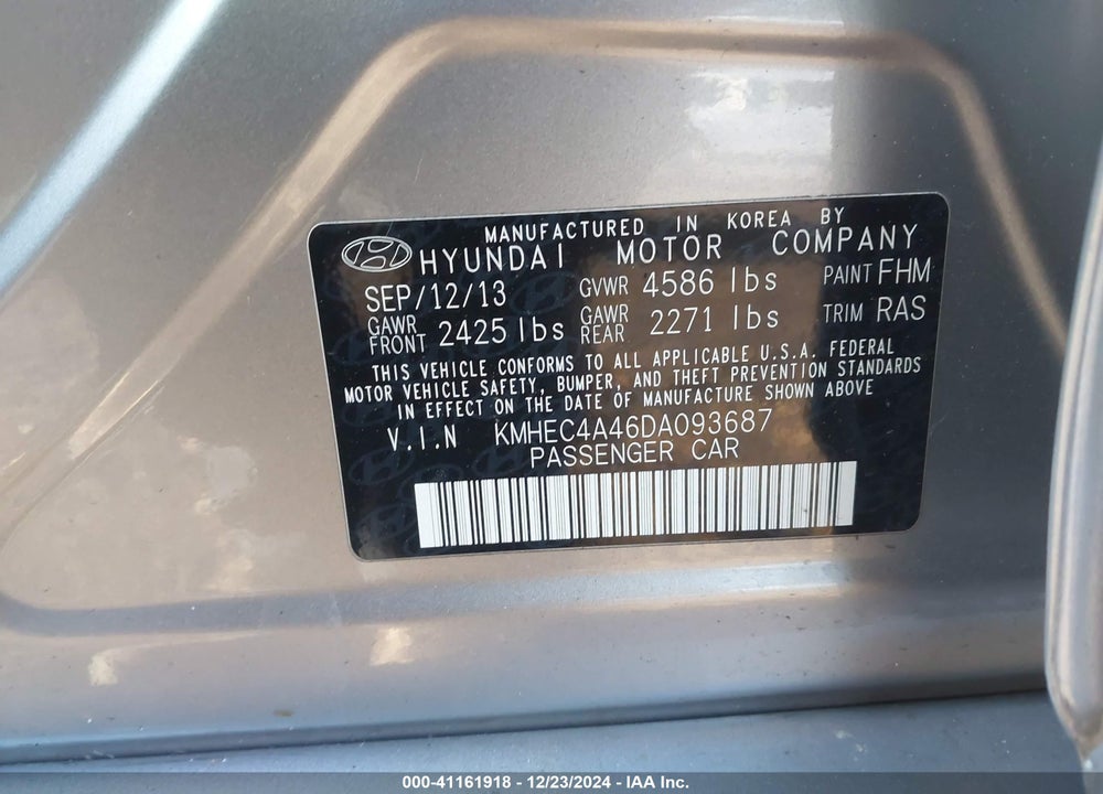 2013 HYUNDAI SONATA HYBRID LIMITED VIN: KMHEC4A46DA093687