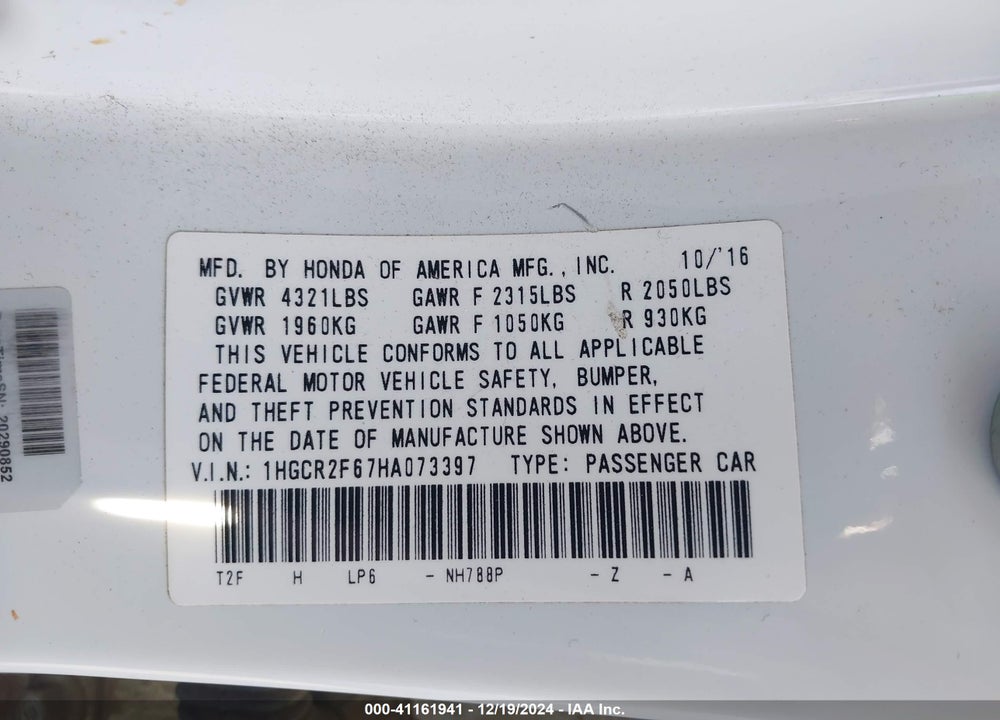 2017 HONDA ACCORD VIN: 1HGCR2F67HA073397
