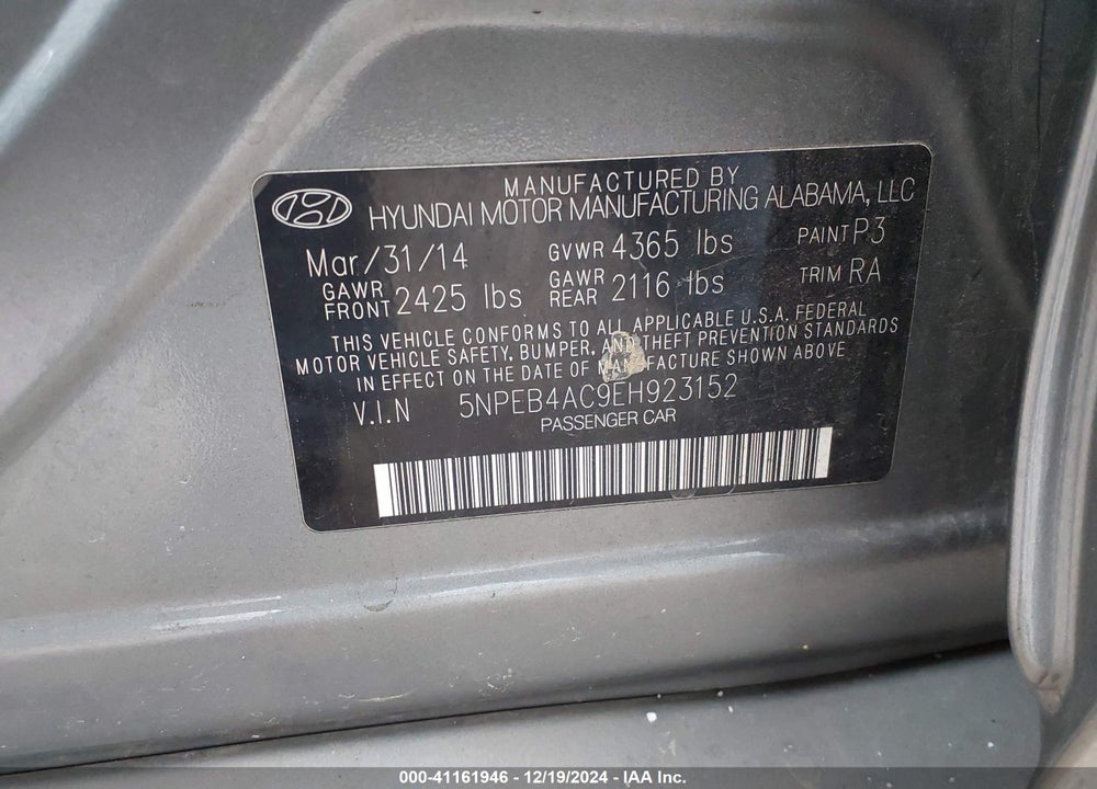 2014 HYUNDAI SONATA GLS VIN: 5NPEB4AC9EH923152
