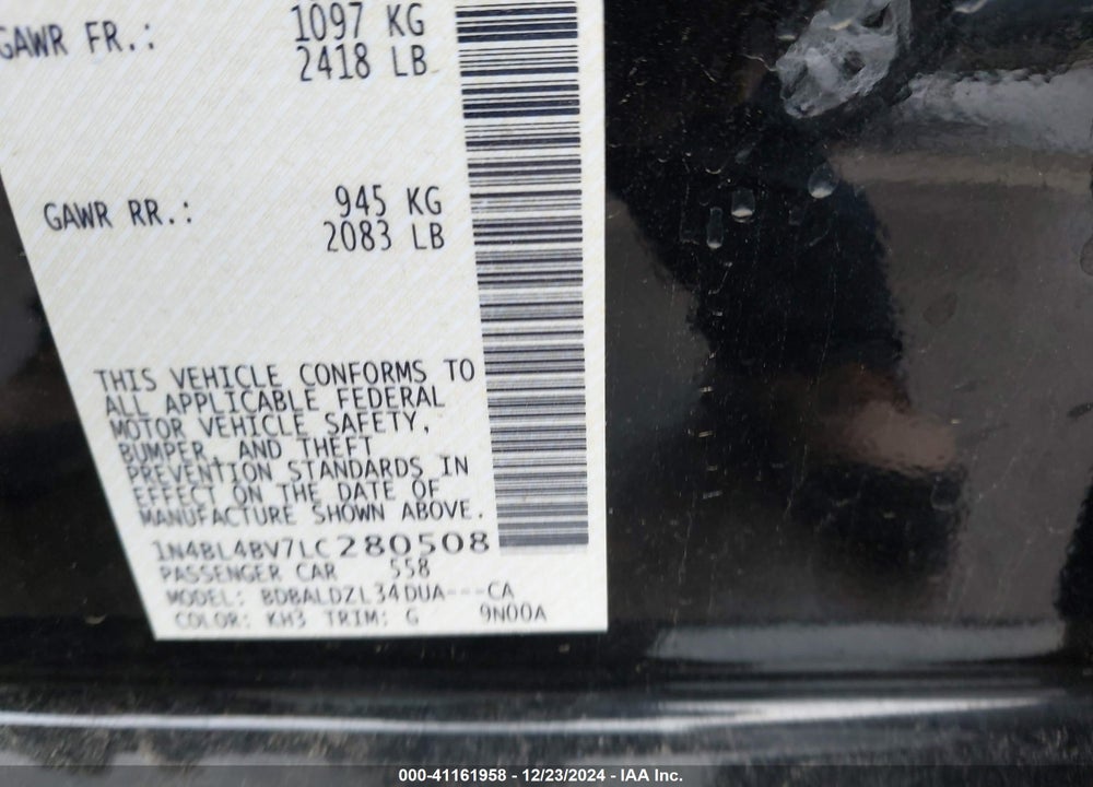 2020 NISSAN ALTIMA VIN: 1N4BL4BV7LC280508