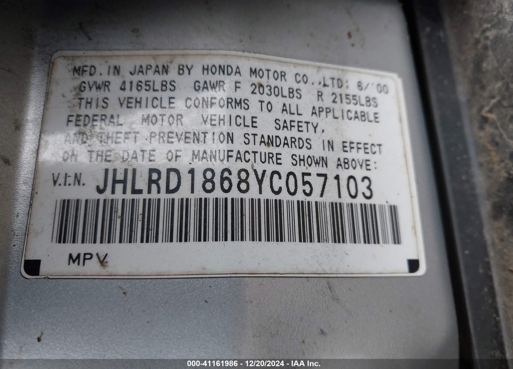 2000 HONDA CR-V EX VIN: JHLRD1868YC057103