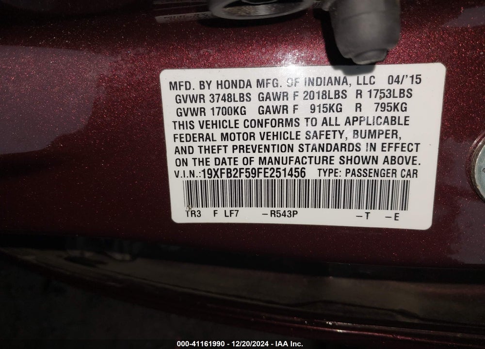 2015 HONDA CIVIC LX VIN: 19XFB2F59FE251456