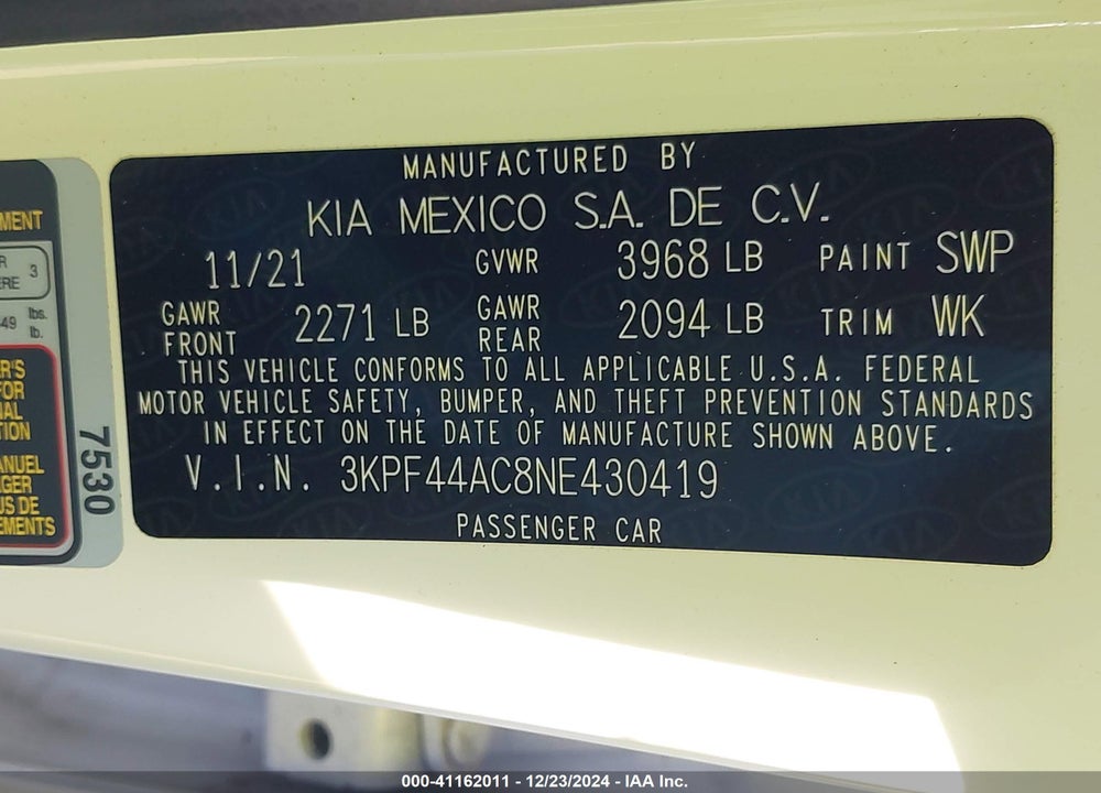 2022 KIA FORTE VIN: 3KPF44AC8NE430419