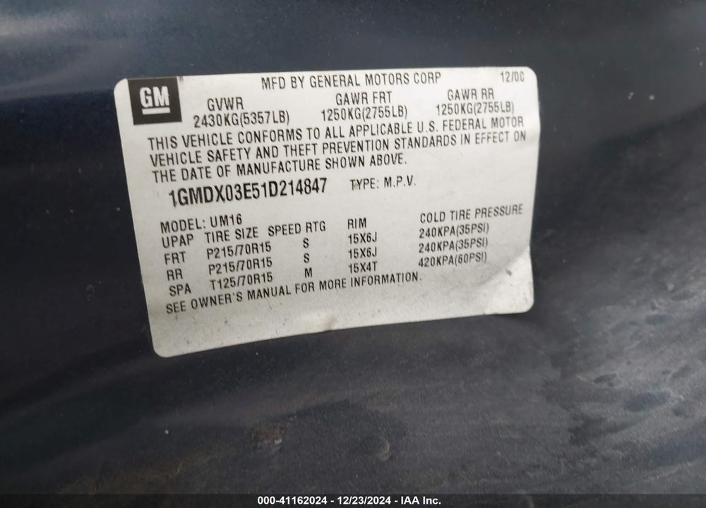 2001 PONTIAC MONTANA M16 W/1SE PKG. VIN: 1GMDX03E51D214847