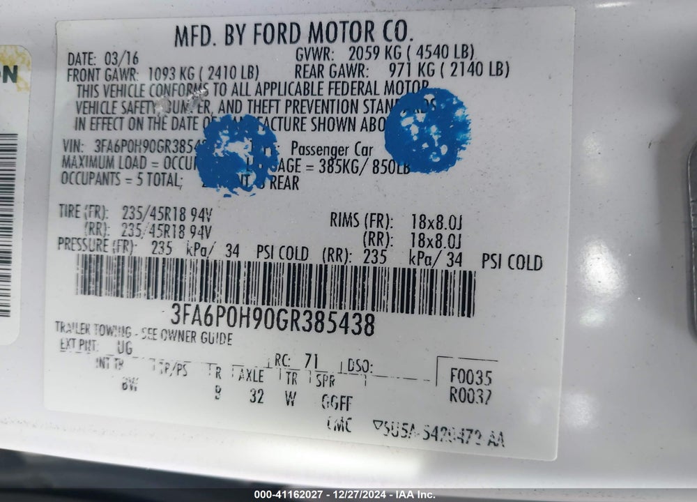 2016 FORD FUSION SE VIN: 3FA6P0H90GR385438
