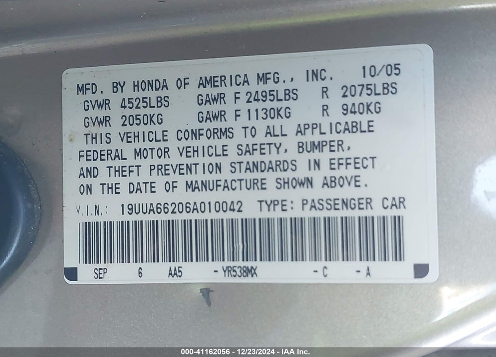 2006 ACURA TL VIN: 19UUA66206A010042