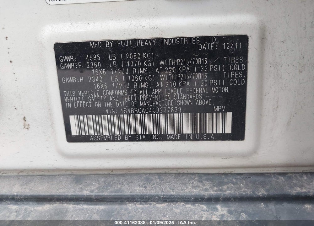 2012 SUBARU OUTBACK 2.5I VIN: 4S4BRCAC4C3237839