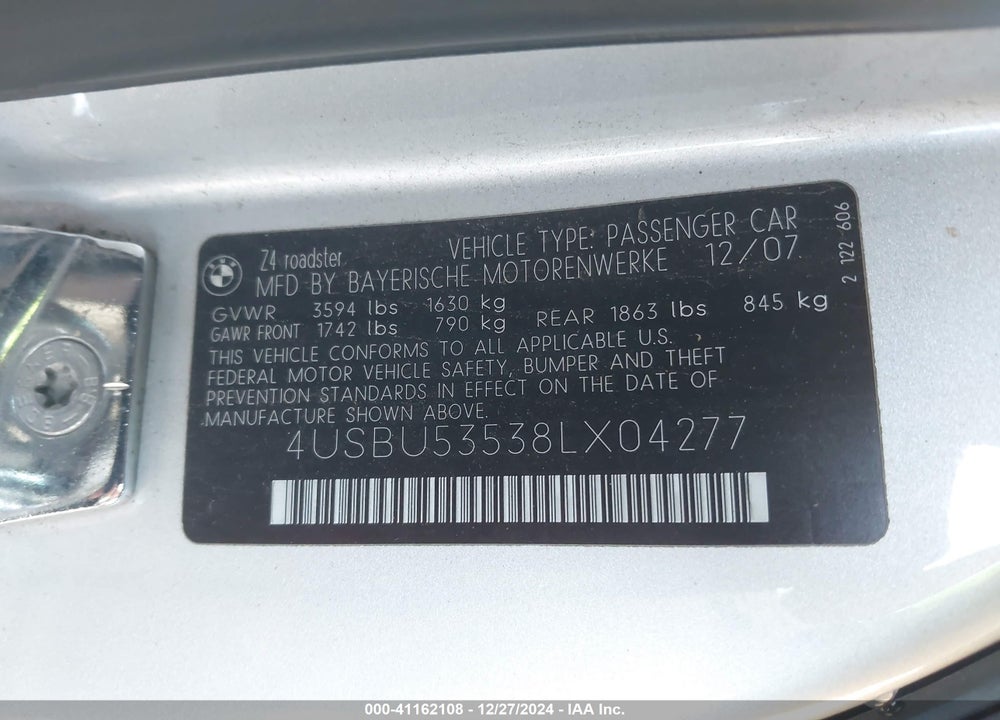 2008 BMW Z4 VIN: 4USBU53538LX04277