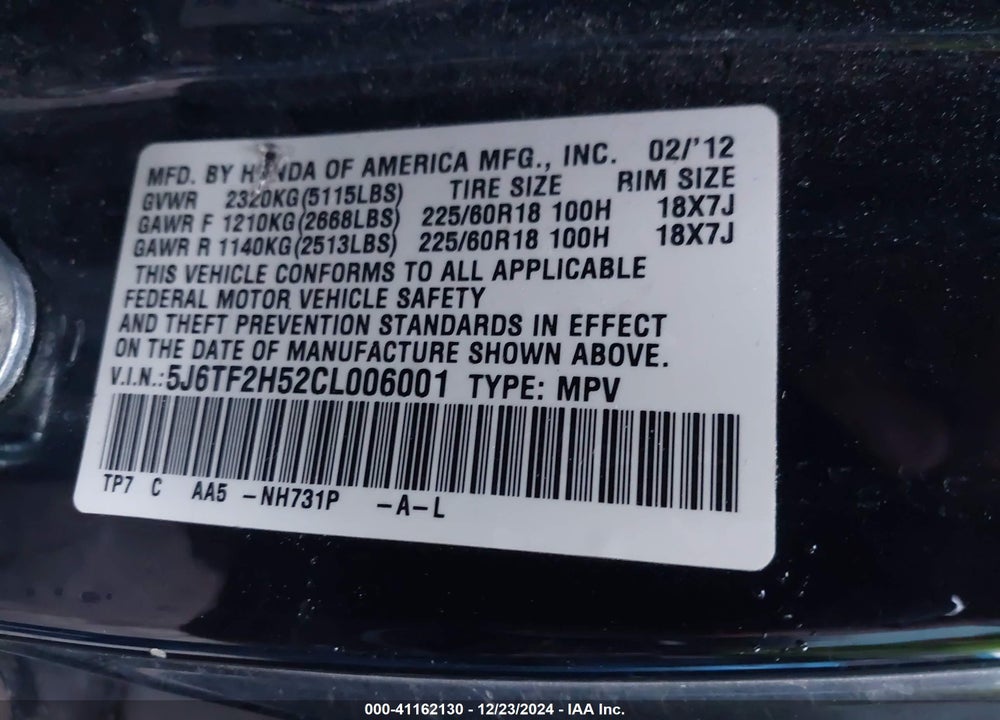 2012 HONDA CROSSTOUR EX-L VIN: 5J6TF2H52CL006001