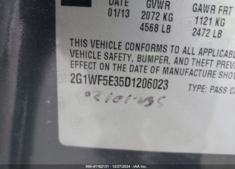 2013 CHEVROLET IMPALA LS VIN: 2G1WF5E35D1206023