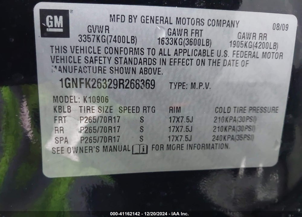 2009 CHEVROLET SUBURBAN 1500 LT2 VIN: 1GNFK26329R268369
