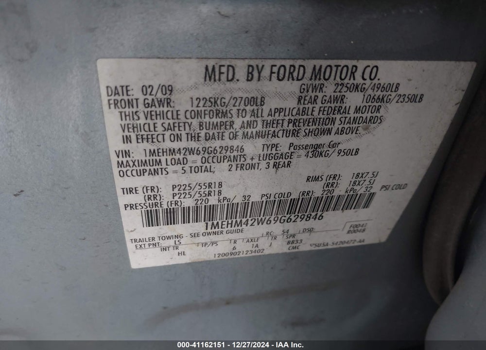 2009 MERCURY SABLE PREMIER VIN: 1MEHM42W69G629846