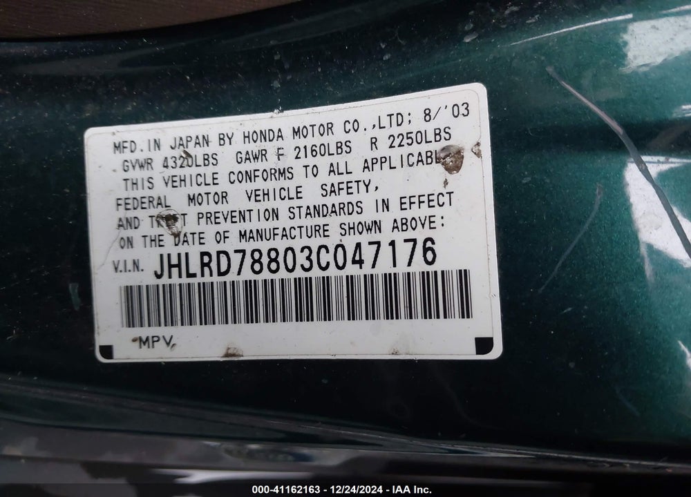 2003 HONDA CR-V EX VIN: JHLRD78803C047176