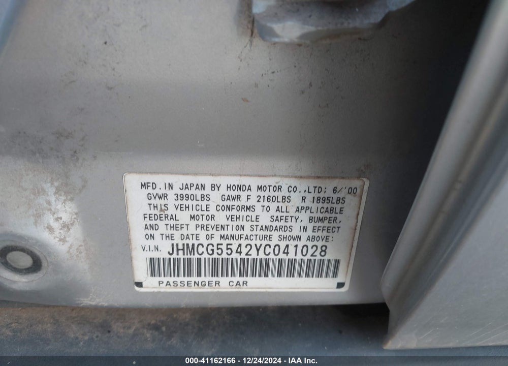 2000 HONDA ACCORD 2.3 LX VIN: JHMCG5542YC041028