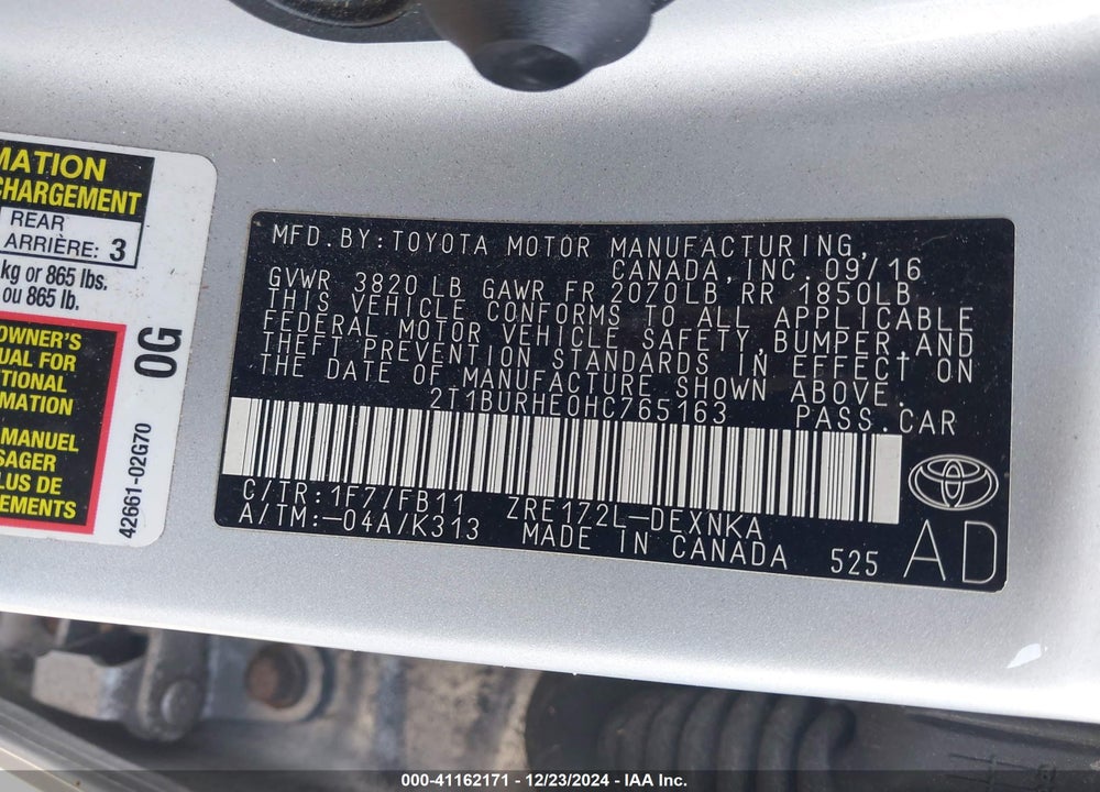 2017 TOYOTA COROLLA VIN: 2T1BURHE0HC765163