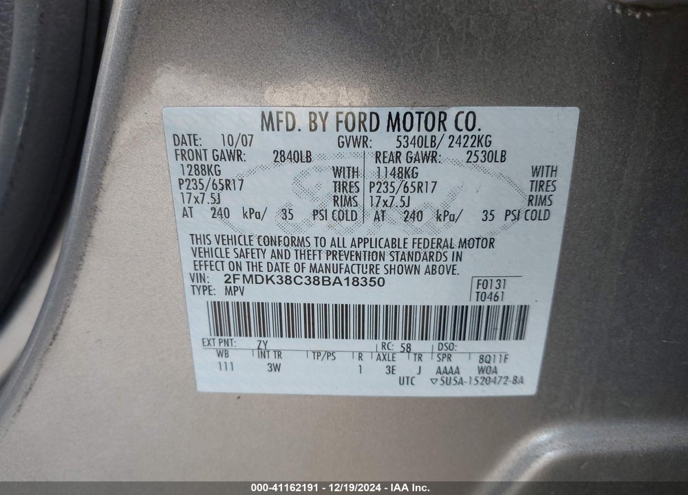 2008 FORD EDGE SEL VIN: 2FMDK38C38BA18350