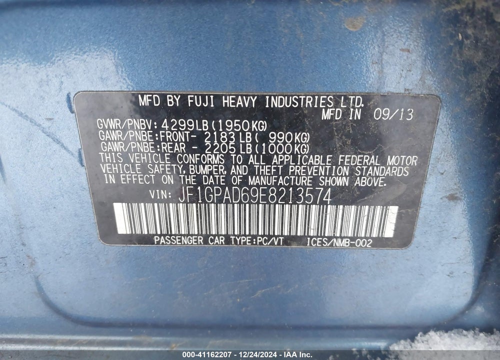 2014 SUBARU IMPREZA VIN: JF1GPAD69E8213574