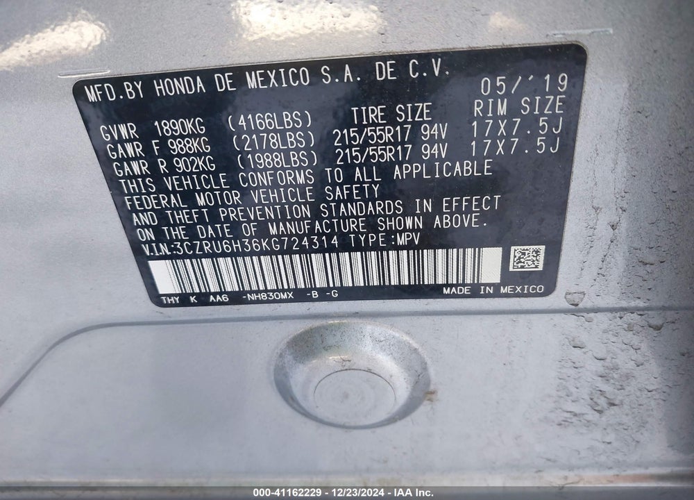2019 HONDA HR-V VIN: 3CZRU6H36KG724314