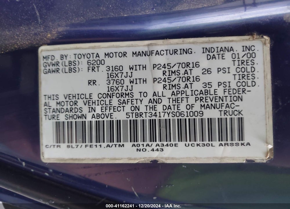2000 TOYOTA TUNDRA SR5 V8 VIN: 5TBRT3417YS061009