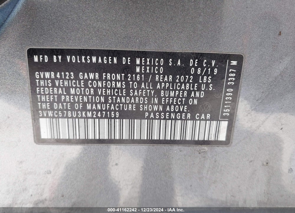 2019 VOLKSWAGEN JETTA VIN: 3VWC57BU3KM247159