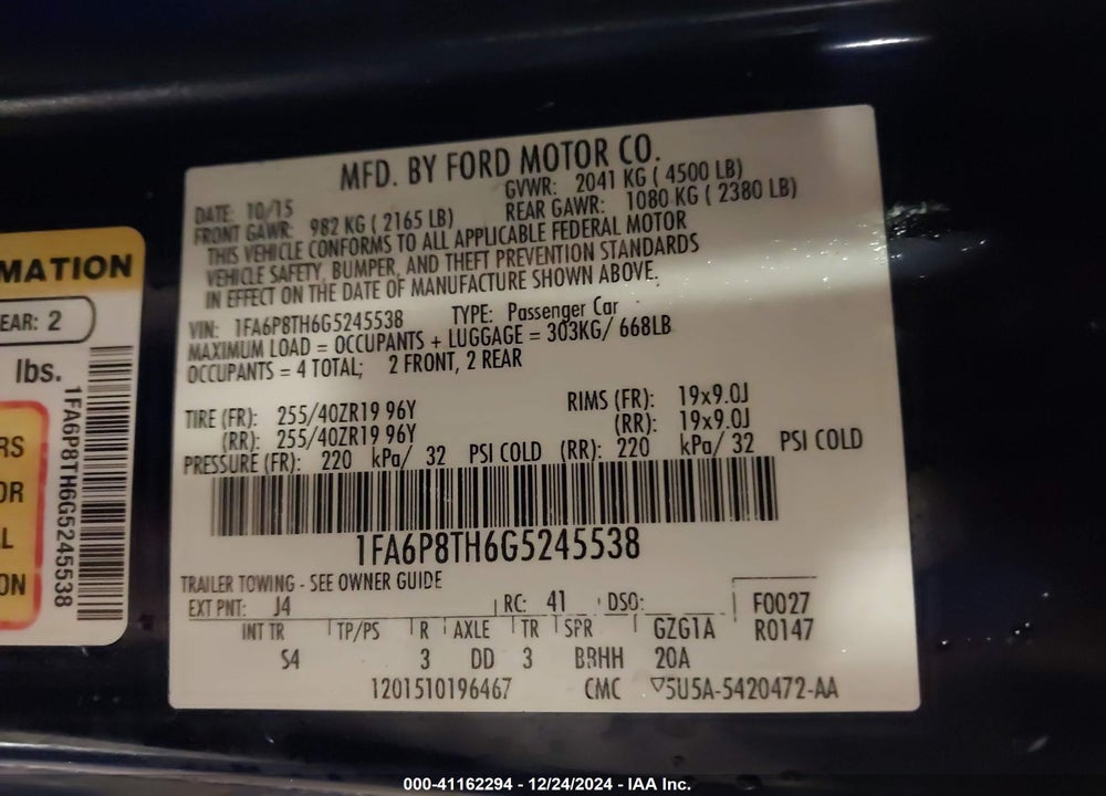2016 FORD MUSTANG VIN: 1FA6P8TH6G5245538