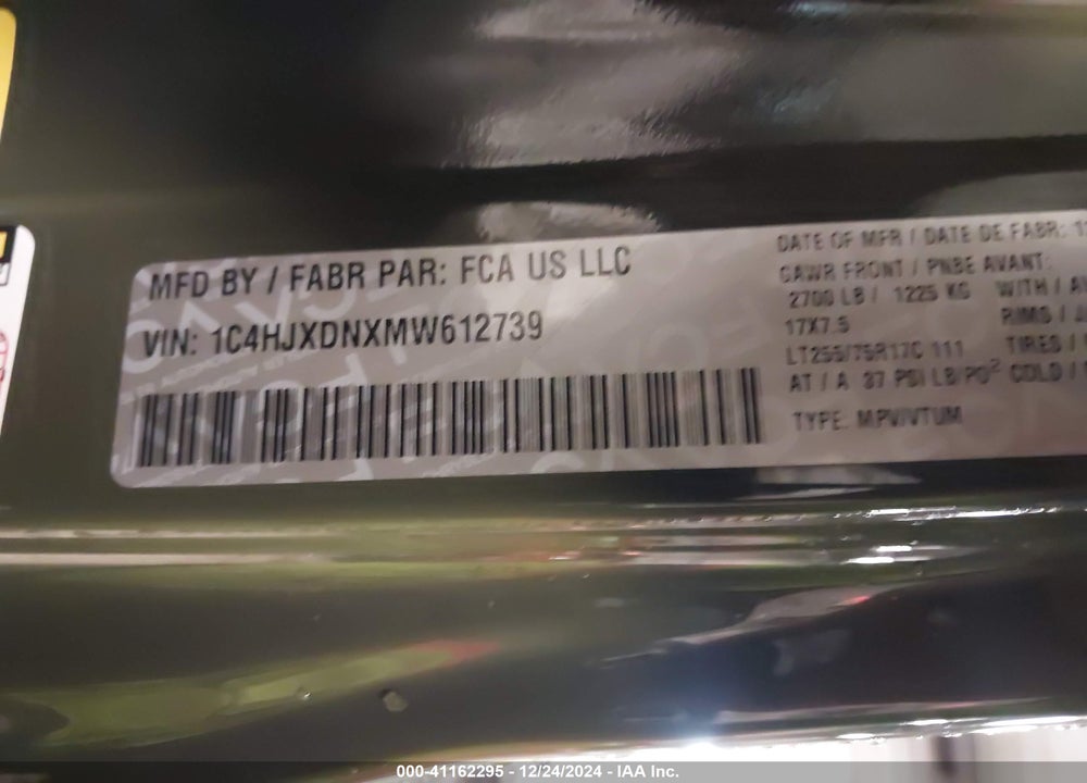 2021 JEEP WRANGLER UNLIMITED WILLYS VIN: 1C4HJXDNXMW612739