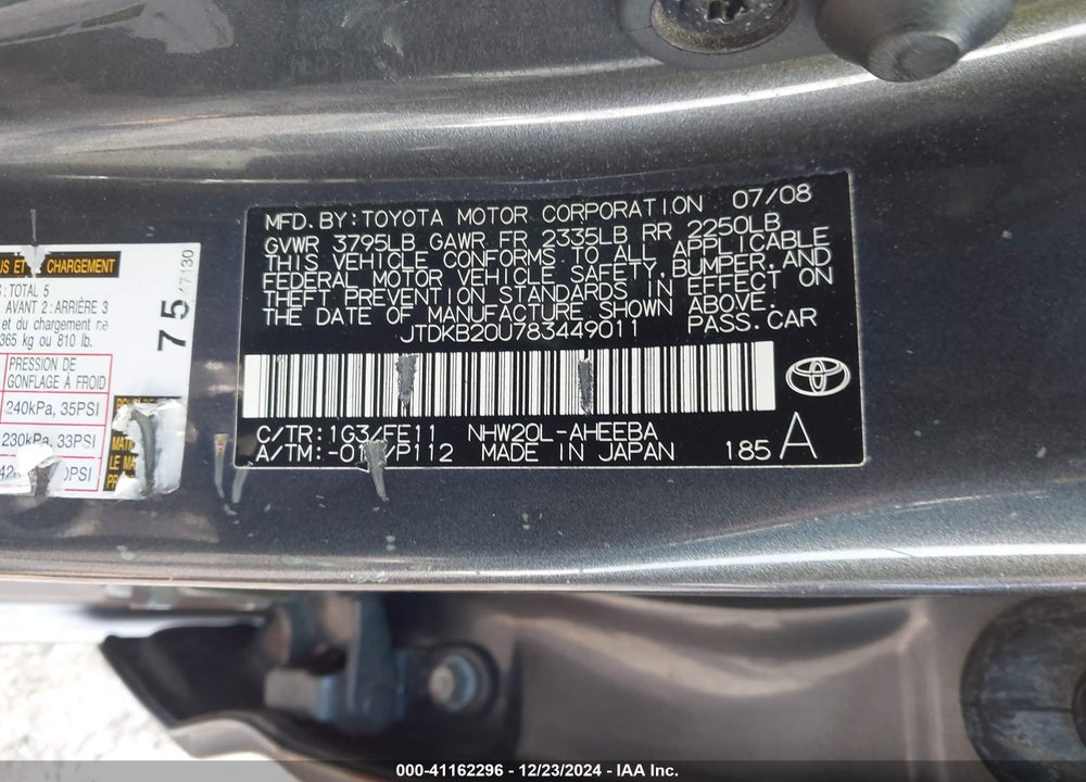 2008 TOYOTA PRIUS VIN: JTDKB20U783449011