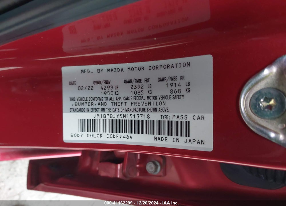 2022 MAZDA 3 VIN: JM1BPBJY5N1513718