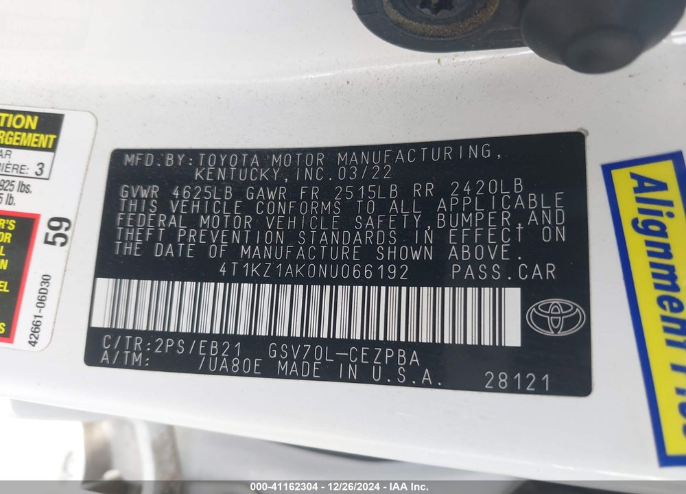 2022 TOYOTA CAMRY VIN: 4T1KZ1AK0NU066192