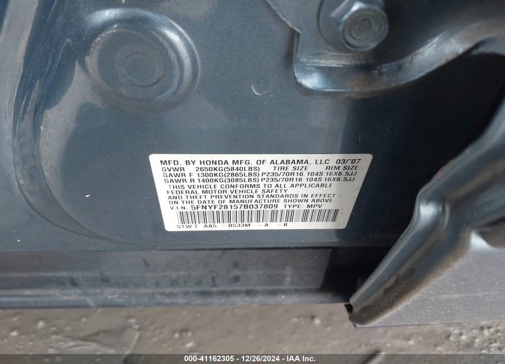 2007 HONDA PILOT LX VIN: 5FNYF28157B037809