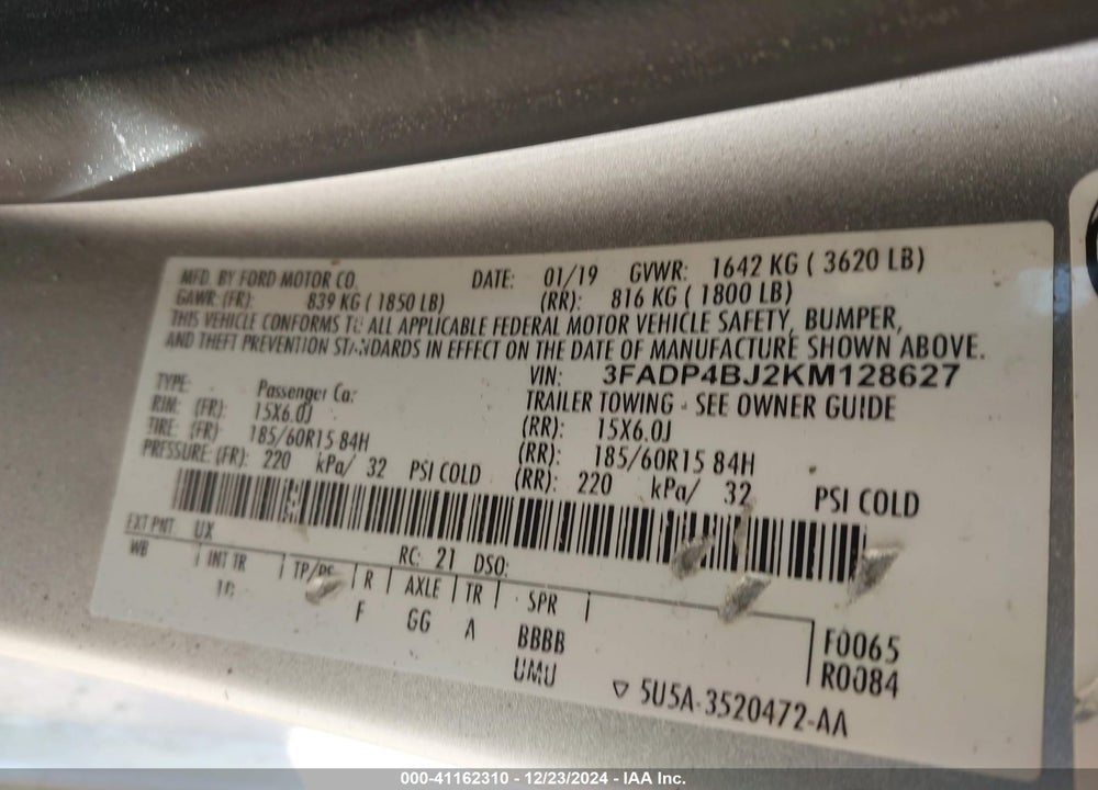 2019 FORD FIESTA VIN: 3FADP4BJ2KM128627