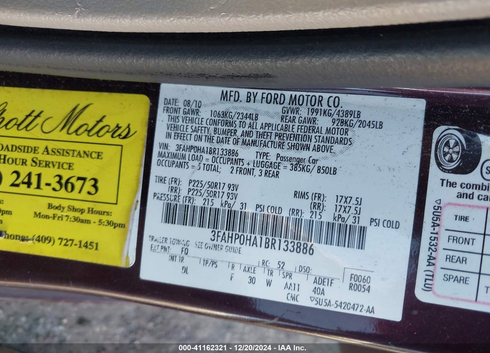 2011 FORD FUSION SE VIN: 3FAHP0HA1BR133886