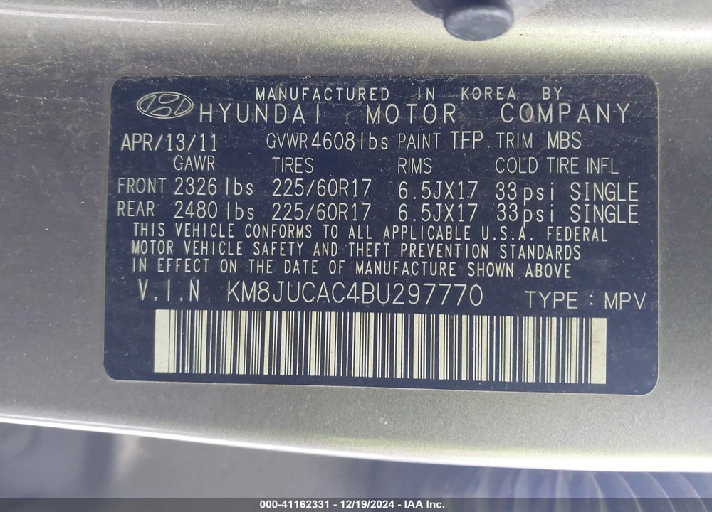 2011 HYUNDAI TUCSON GLS VIN: KM8JUCAC4BU297770