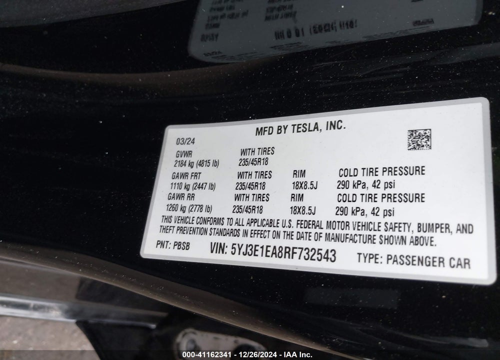 2024 TESLA MODEL 3 REAR-WHEEL DRIVE VIN: 5YJ3E1EA8RF732543